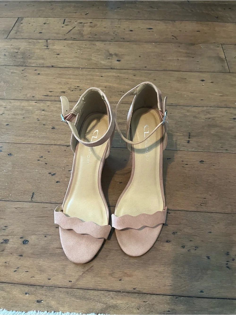 Chinese Laundry Scalloped Ankle-Strap Wedges in Blush